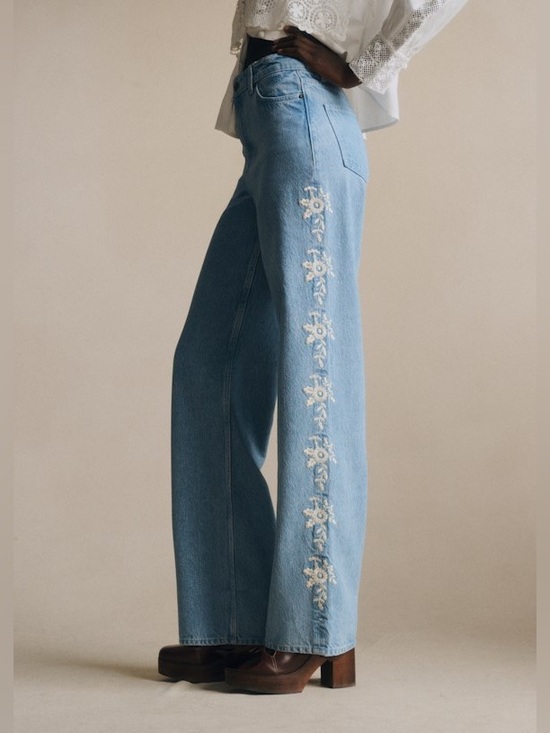 Sezane Denim - Sézane VALENTIN TROUSERS - SÉZANE X SEA NY DENIM BLUE WITH CREAM EMBROIDERY